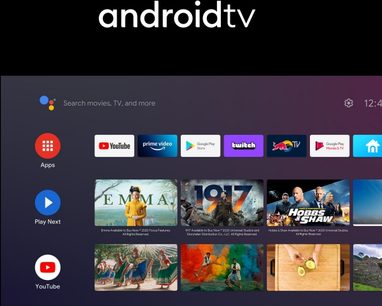 Schermata iniziale di Android TV che mostra applicazioni di streaming video come YouTube, Prime Video, Twitch, Google Play e altre