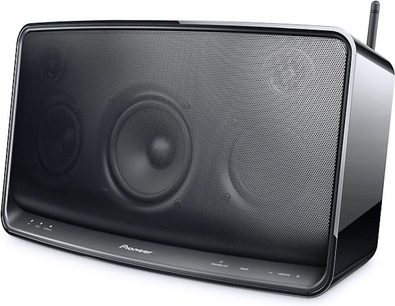 Frontvisning af Pioneer XW-SMA4 sort netværksaudioafspiller, rektangulær sort højttaler med metalrist på forsiden