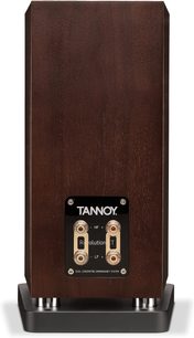 Reprosoustava Tannoy Revolution XT 6 ořech, pohled zepředu, tmavé dřevo, ovládací prvky na přední straně, černá základna