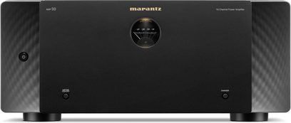 Vista frontal de un amplificador de potencia multicanal Marantz AMP 10 negro, dial redondo, logotipo dorado, botones