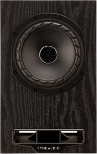 Bogreolshøjttaler Fyne Audio F5E, set forfra, mørk træfinish, cirkulær centerhøjttaler, rektangulær port i bunden