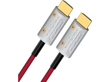 To HDMI-kabler fra Wireworld Starlight 48 i grå farve med forgyldte stik og røde endestykker, set forfra