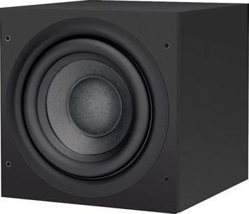 Bowers & Wilkins ASW608 sort subwoofer, nærbillede forfra, central rund højttaler med sort fiberkone i en mat sort kubisk kabinet