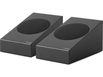 Paire d’enceintes Dolby Atmos Tangent Spectrum II XATM noires, coffrets inclinés, grilles métalliques ovales, vue 3/4