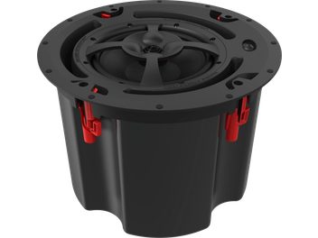 Zapuštěný stropní reproduktor Klipsch PIC-800-T BW, pohled v perspektivě, černá kruhová konstrukce, červené držáky, bez mřížky