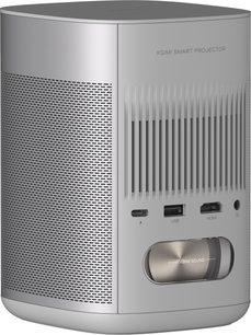 XGIMI Smart Projektor lysegrå, set forfra, cylindrisk form, perforeret gitter, USB- og HDMI-porte