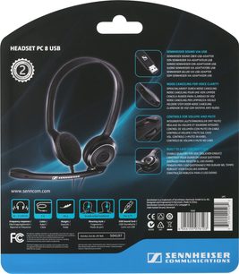 Sennheiser PC 8 USB sort hovedtelefon, venstre profilvisning. Polstret hovedbøjle og ørepuder. Mikrofon på fleksibel arm