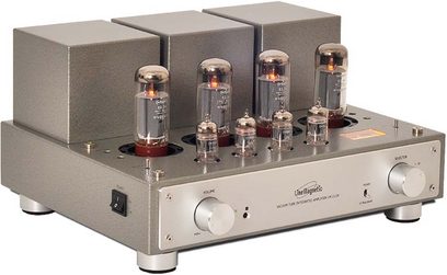 Amplificatore hi-fi a valvole Line Magnetic LM-211IA argento, vista frontale, 4 valvole, 2 manopole rotanti, connettori sul retro, cabinet argentato
