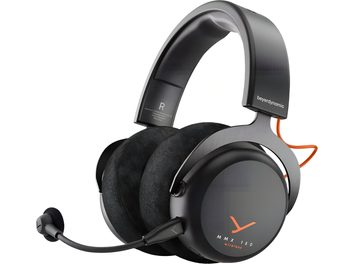 Căști circumaurale Beyerdynamic MMX 150 WL negre, plastic și metal, pernuțe din material textil, microfon pe braț flexibil, cablu portocaliu