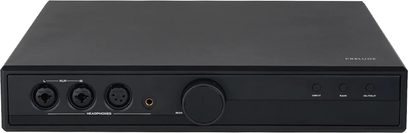 Preamplificatore per cuffie hi-fi Prelude nero, vista frontale, 3 connettori XLR, 1 presa jack, 1 manopola del volume, 3 pulsanti