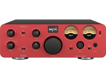 Préampli casque SPL Phonitor xe rouge, vu de face avec deux vumètres, une grande molette de volume et des prises casque