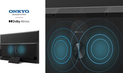 Onkyo Dolby Atmos-højttaler, set forfra og fra siden, rektangulær sort form, blå runde højttalere