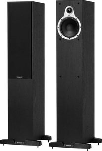 Tannoy Eclipse Two sort søjlehøjttaler, set forfra og fra siden, diskant, højttaler, mørkt træmøbel