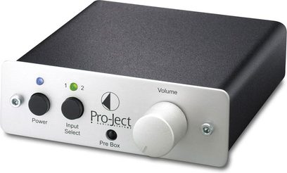 Pro-Ject Pre Box II 5 sølv kompakt rektangulær forforstærker i antracitfarvet børstet aluminium, minimalistisk front