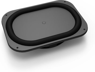 Oval sort højttaler med sort gitter, set oppefra, der viser den runde, indbygede midterhøjttaler
