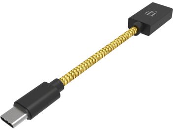 iFi Audio OTG Type C USB cable in black with gold braided sleeve and USB-C connector shown in close-up