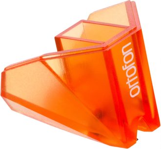 Ortofon Stylus 2M Bronze pickup-nål, oransje og gjennomsiktig rød, kantet form, smal spiss