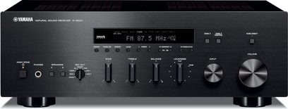Yamaha R-S500 sort hi-fi stereforstærker, set forfra, sort front med knapper, drejeknapper og display, 2 volumenkontrolknapper