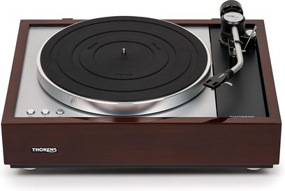 Giradischi hi-fi Thorens TD 1600 con TP160 noce, vista frontale, piatto nero, braccio di lettura argentato, pulsanti metallici