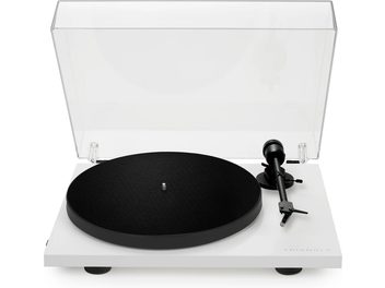 Pickup hi-fi Triangle Lunar 1 alb, șasiu alb, platan și braț negre, capac transparent ridicat, vedere frontală