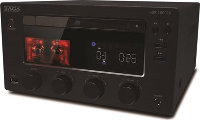 Taga Harmony HTR-1000CD sort højfidelitetssystem, frontvisning, blå LED-display "00:26", to oplyste røde knapper