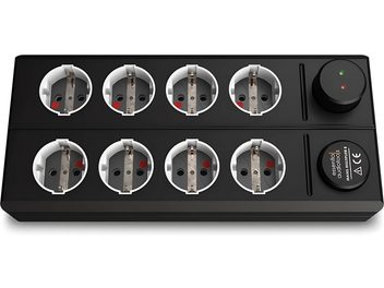 Multiprise EAT Essential Audio Tools MM8 черна с 8 червени електрически контакта и 2 превключвателя, изглед отгоре