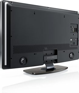 Philips 37PFL9604H sort monitor set forfra og fra siden, med metalfod, bred skærm og indbyggede højttalere