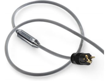 Siltech Explorer 270P Power 1,5 m, cabo de alimentação cinzento com malha entrançada, ficha Schuko preta com pinos dourados, vista superior