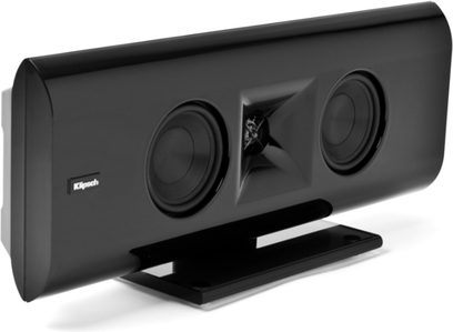 Kompakt Klipsch Gallery G-16 sort højttaler, set forfra, med to runde højttalere og et rektangulært stativ