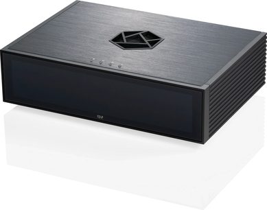 Síťový audio přehrávač Rose RS130 černý, pohled shora, černý obdélníkový kryt s pentagonálním logem uprostřed