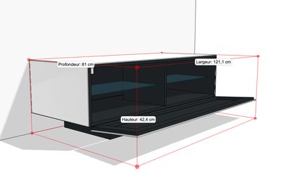 Černý televizní nábytek se 2 posuvnými skleněnými dveřmi, 2 skleněnými policemi, rozměry Š121,1 × H81 × V42,4 cm