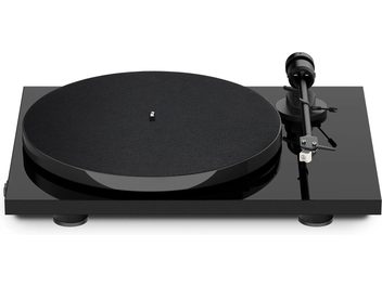 Gramofon hi-fi E1 Phono czarny lakierowany, widok z góry, czarny okrągły talerz, ramię odczytujące po prawej stronie, prostokątna czarna podstawa
