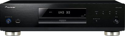 Pioneer UDP-LX500 sort Blu-ray-afspiller, set forfra, blå "UHD BD"-skærm, synlige knapper og stik