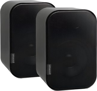 Compact black ArtSound UNI20 hi-fi speakers, rectangular pair with rounded corners and metal grille front