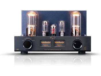 Cayin Jazz 100 sort integreret stereo rørforstærker i børstet aluminium, set forfra med seks synlige oplyste rør, to orange baggrundsbelyste VU-metre, to store runde knapper og hovedtelefonudgang