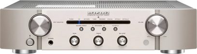 Marantz PM6007 gümüş altın renkli hi-fi stereo amplifikatör, önden görünüm, 2 döner düğme, 6 basmalı düğme, 2 kulaklık girişi