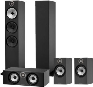To sorte Bowers & Wilkins 603 gulvhøjtalere og to matchende kompakte højttalere, set forfra
