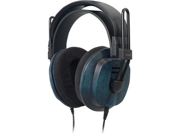 Blauer Fostex T60RP Mk2 Ai Hi‑Fi‑Kopfhörer mit Holzschalen, breitem schwarzem Kopfband und dicken Ohrpolstern, in Dreiviertelansicht
