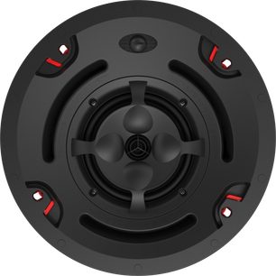 Deckenlautsprecher Klipsch PIC-525-T-SC BW, Vorderansicht, runde Form, schwarze Oberfläche, rote und schwarze Elemente