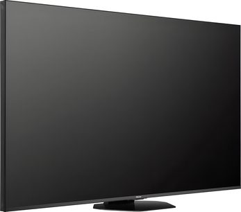 Hisense 85U8Q televisie in zwart, glasbeeldscherm met dunne randen, smalle rand, centrale voet, driekwarts zijaanzicht links