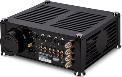 AudioValve Solaris DAC sort hovedtelefon-forstærker, set forfra, rektangulært sort kabinet med knapper, stik og indikatorlys