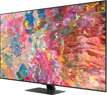 Ekran telewizora Samsung QE65Q80B z 2022 roku widziany z przodu, wyświetlający kolorowe, abstrakcyjne kształty w ciepłych odcieniach