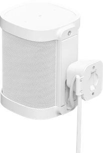 Vit väggmontering för Sonos-högtalare, framifrån och från sidan, metallgaller, fästmekanism