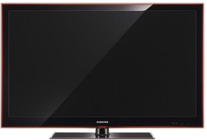 Samsung LE46A856 fladskærms-tv slukket, sort blank skærm, mørkerød ramme, sort rektangulær base
