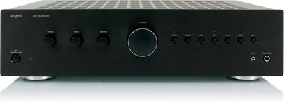 Tangent AMP-200 sort hi-fi stereforstærker, set forfra, sort front med sølvfarvede knapper og drejeknap