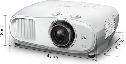 Epson EH-TW7000 white video projector, front and side view, centered lens, side ventilation grilles
