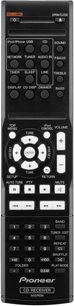 Sort Pioneer CD-modtager X-HM70 fjernbetjening med knapper til at styre et mini hi-fi-anlæg, set forfra