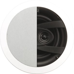 Vestavný reproduktor QI65CW ST Q Acoustics, pohled zepředu, bílá perforovaná kulatá mřížka, uprostřed viditelný černý reproduktor