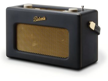 Radio de sobremesa Roberts Revival iStream 3L en cuero sintético negro con rejilla metálica dorada, botones color crema en la parte superior, antena cromada y correa lateral, vista frontal derecha en tres cuartos.