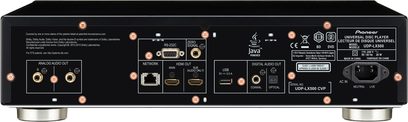Pioneer UDP-LX500 sort Blu-ray-afspiller, bagside, digitale og analoge audio/video-tilslutninger, USB- og netværksporte